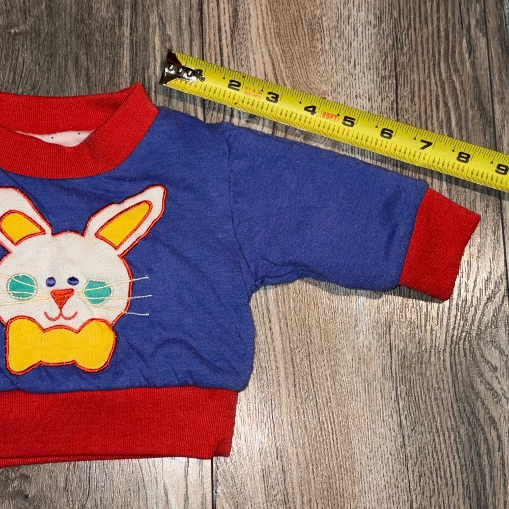 Vintage Reversible Baby Sweatshirt Blue White Bunny Applique Print Red Trim